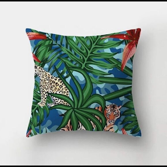 Set of 4 Cheetah & Tiger Rainforest Jungle Indoor/Outdoor Pillow Covers 18x18 - Picture 4 of 4